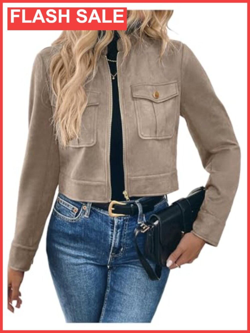Faux Suede Cropped Jacket Zip Up Going Out Coat